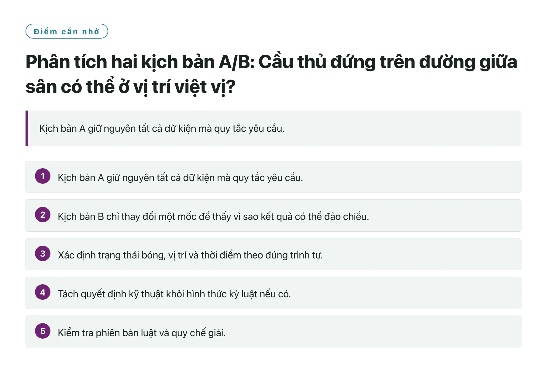 Phân tích hai kịch bản A/B: Cầu thủ đứng trên đường giữa sân có thể ở vị trí việt vị?——全文要点速览