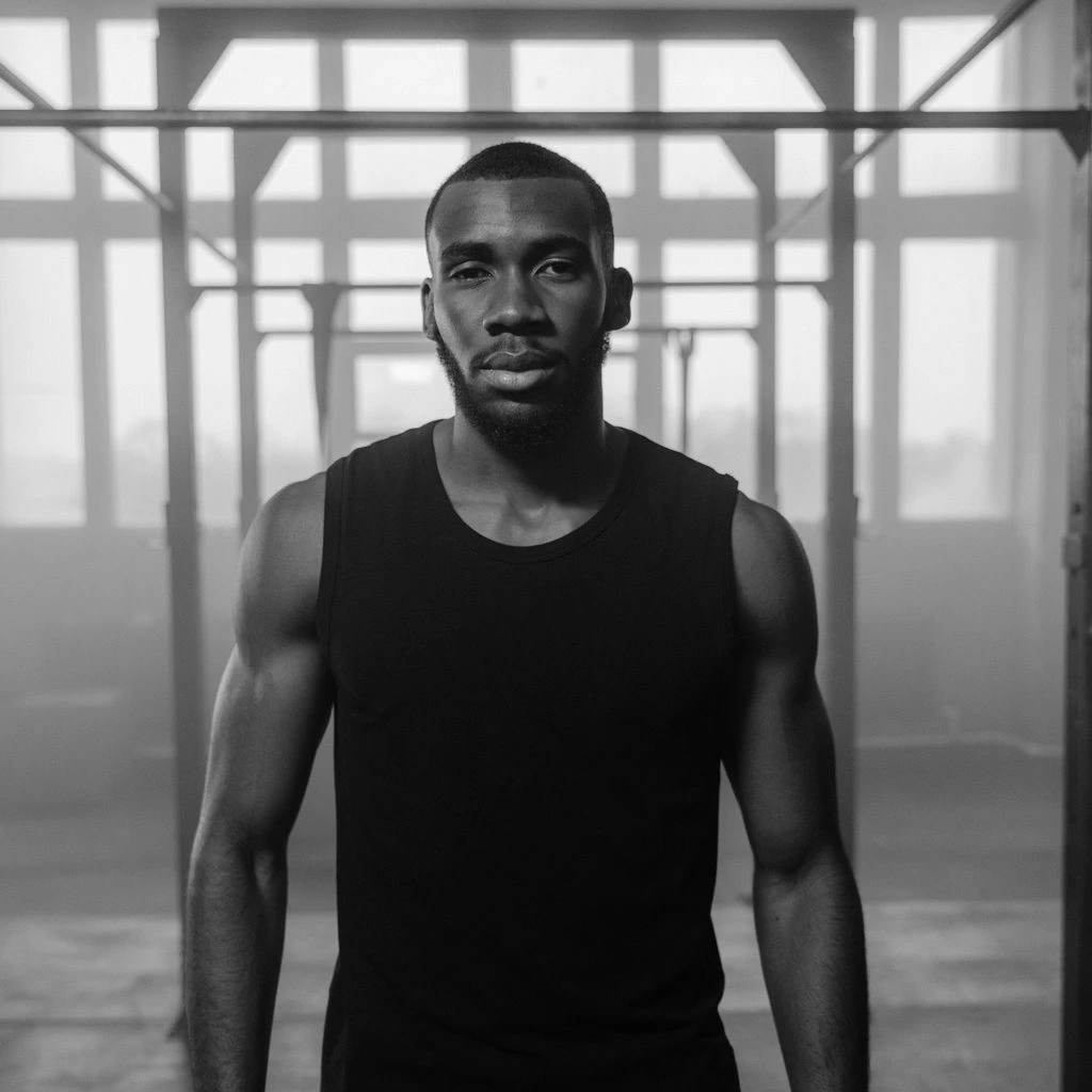 Athletic fitness model posed in a controlled studio setup for an activewear presentation.