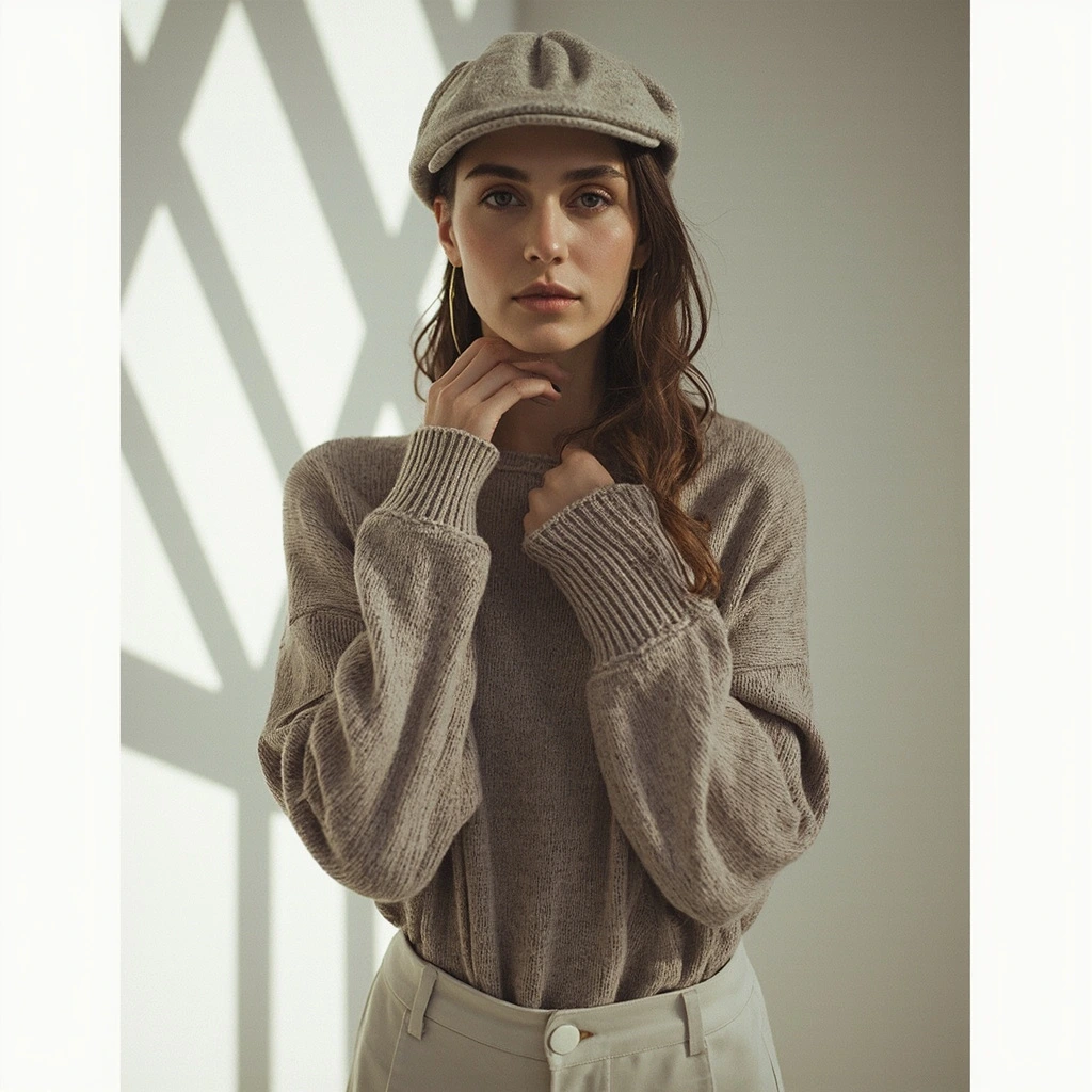 Studio lookbook shoot featuring a model in minimalist knitwear.